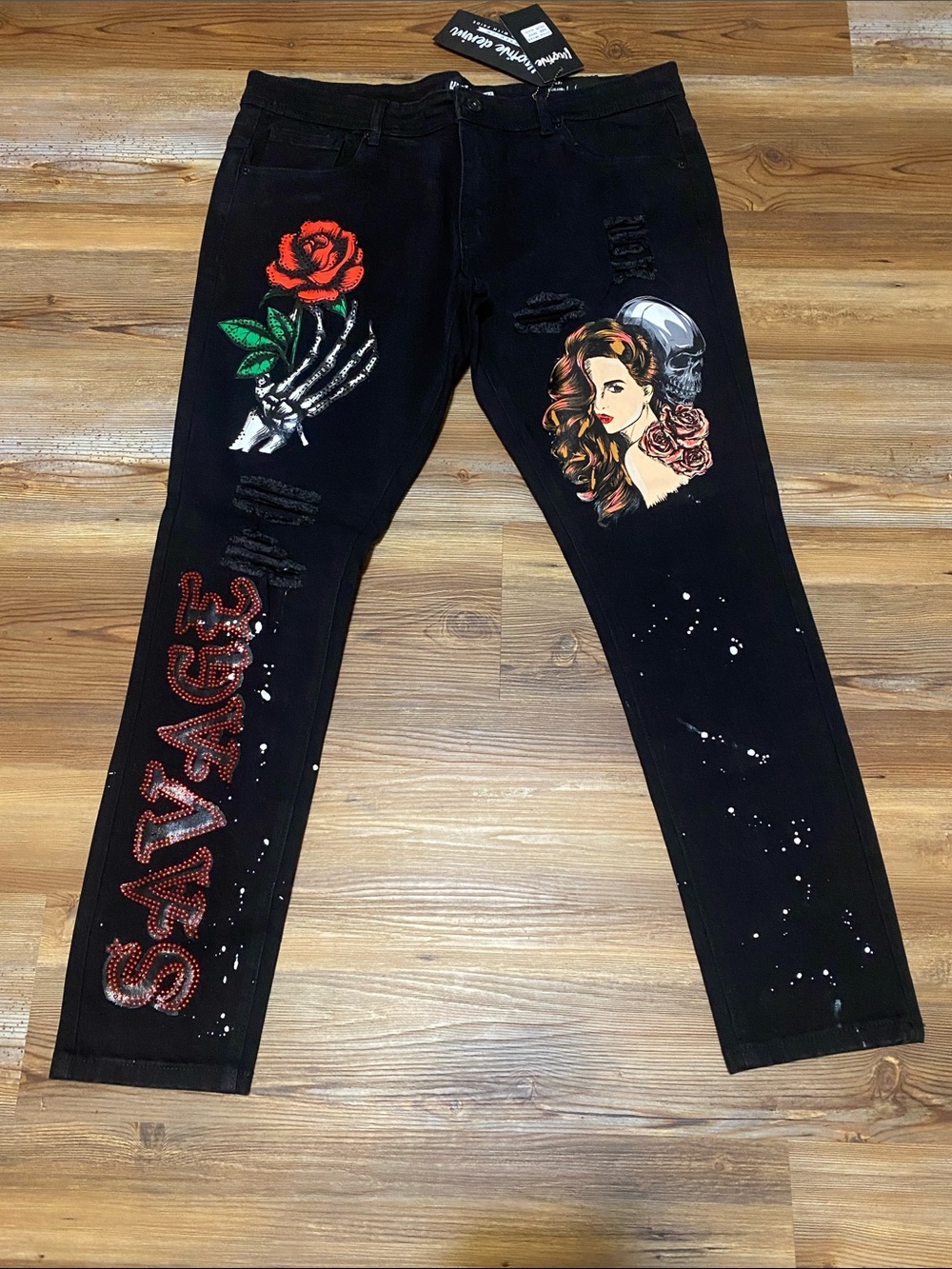 Black Denim Jeans with Red Rose & Graphic Art